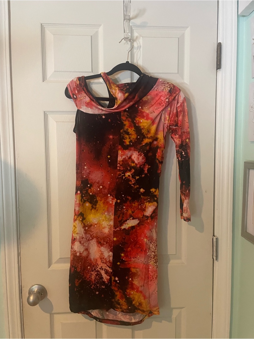 ASOS One-Shoulder Galaxy-Print Dress - Red, Black, Yellow